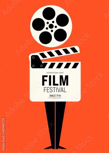Print op canvas Movie poster design template background with vintage film reel