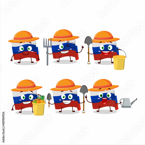 Farmer russia flag cute mascot character with fork