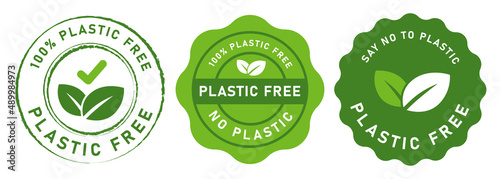 Plastic free say no to plastic in product green style color emblem icon tag sticker design for packaging