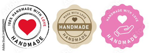 Handmade with love handcrafted product icon emblem label set with heart shape design in red pink and brown photo