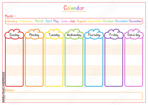 Kids Customized Blank Calendar with Colorful Rainbow Clouds