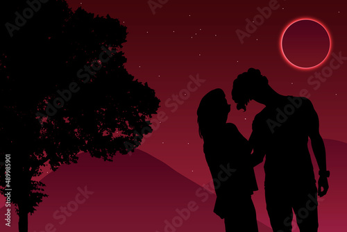 silhouette of a couple kissing, love in the mountains