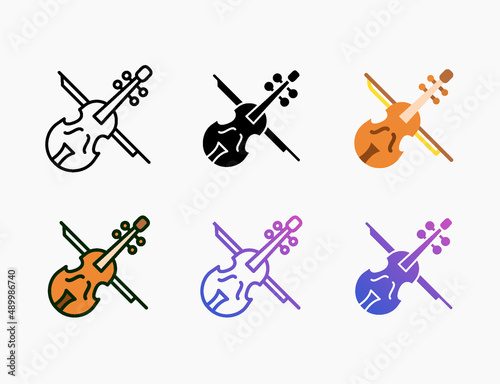 Violin icon set with different styles. Style line, outline, flat, glyph, color, gradient. Editable stroke and pixel perfect. Can be used for digital product, presentation, print design and more.