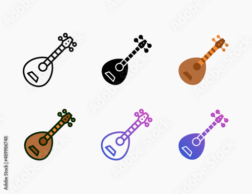 Mandolin icon set with different styles. Style line, outline, flat, glyph, color, gradient. Editable stroke and pixel perfect. Can be used for digital product, presentation, print design and more.
