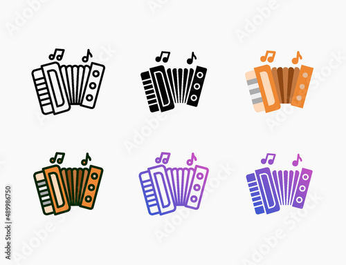 Accordion icon set with different styles. Style line, outline, flat, glyph, color, gradient. Editable stroke and pixel perfect. Can be used for digital product, presentation, print design and more.