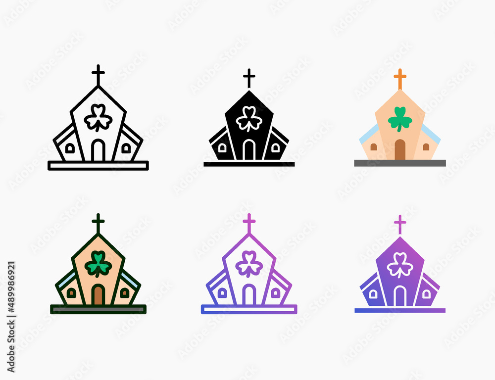 Church building icon set with different styles. Style line, outline, flat, glyph, color, gradient. Editable stroke and pixel perfect. Can use for digital product, presentation, print design and more.