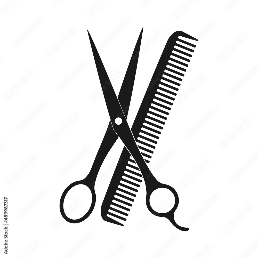 Hairdressing scissors and comb black silhouette icon - obrazy, fototapety, plakaty 