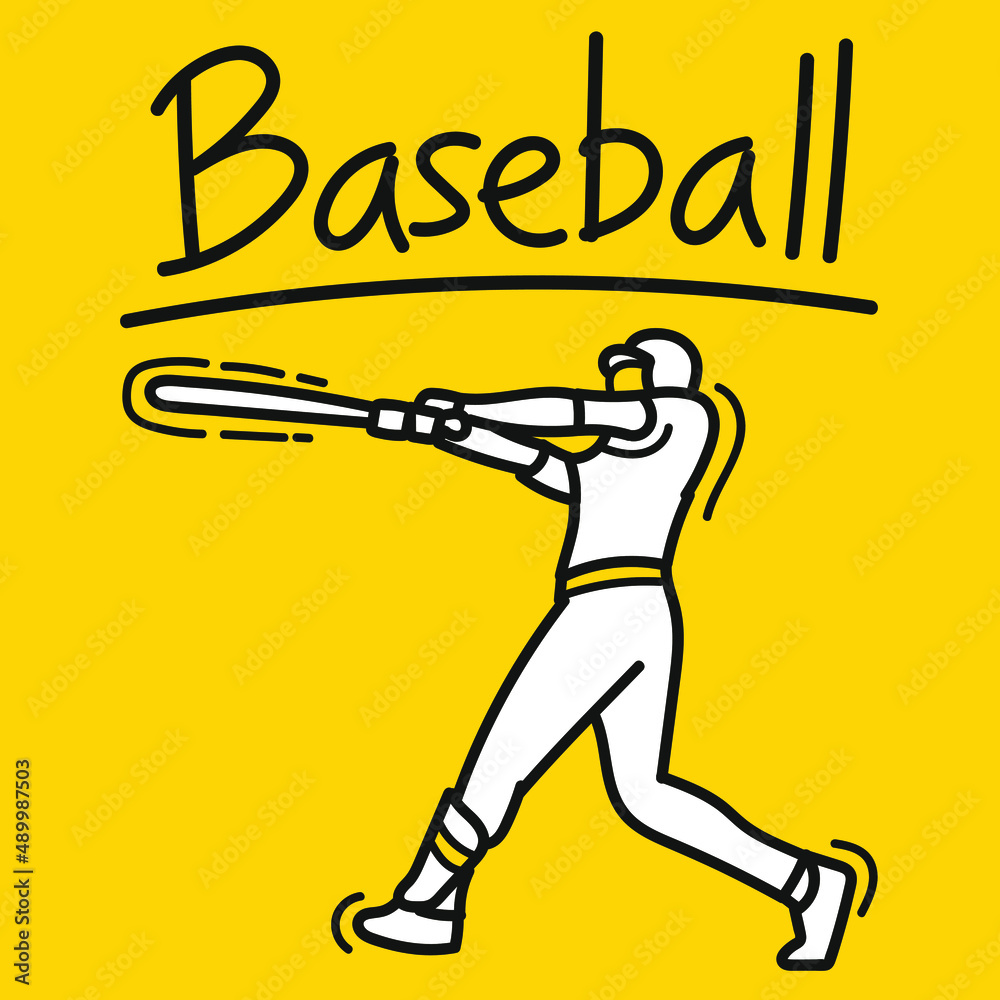 Hand drawn doodle baseball player athlete hitting ball design vector. League sport banner poster template.