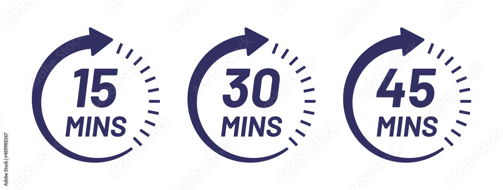 Minute timer icon collection. Containing 15 mins, 30 mins and 45 mins vector. - obrazy, fototapety, plakaty 