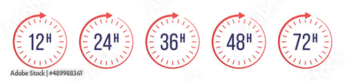 12, 24, 36, 48, 72 hours clock arrow, vector work time icons. Delivery and service time symbol set.