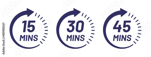 Minute timer icon collection. Containing 15 mins, 30 mins and 45 mins vector.