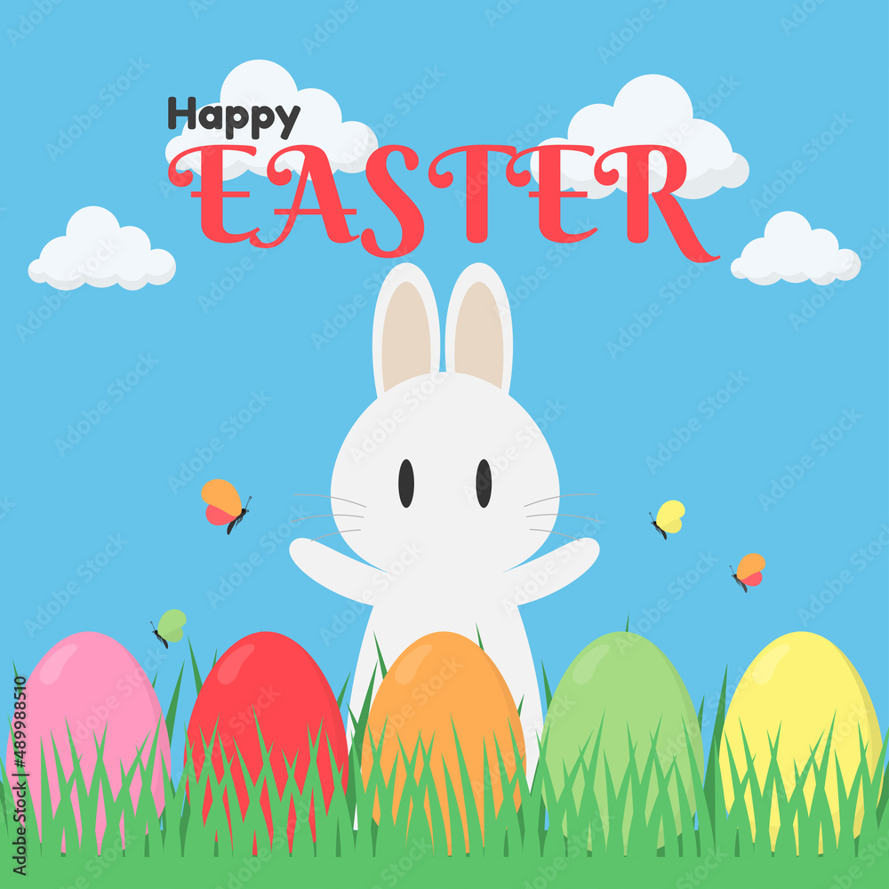 Colorful Happy Easter greeting card with rabbit, bunny and text, Flat vector design. Colorful Happy Easter greeting card with rabbit, bunny and text, Flat vector design.