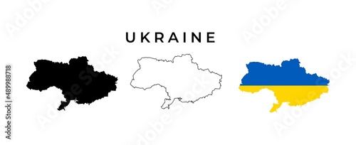 Ukraine Blank Map Black Silhouette Outline and Flag Color Vector Illustration Set