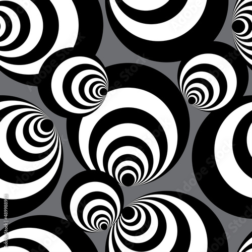 Seamless black and white spiral balls or black and white circle, illusion seamless pattern, dark grey background.