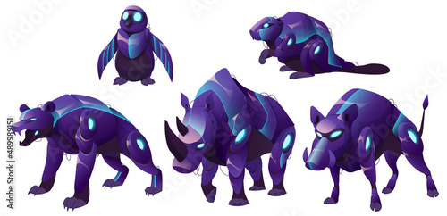 Mechanical animals, bear, penguin, rhinoceros, boar and beaver robots. Vector cartoon set of futuristic pets cyborgs, purple mechanic grizzly, rhino and warthog isolated on white background