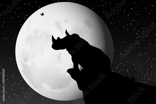 cute rhino and moon silhouette