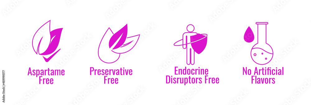aspartame free, preservative-free, endocrine disruptors free, no artificial flavors icon set vector illustration 