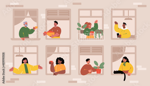 House facade with people in windows with coffee, cat and plants. Concept of good neighbors, positive neighborhood communication. Vector flat illustration of girls talking, people greeting each other