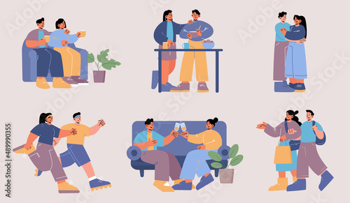 Happy couple hug, run, drink coffee and cook together. Vector flat illustration of love and romantic relationship with man and woman walking for shop, sitting on sofa with champagne glasses