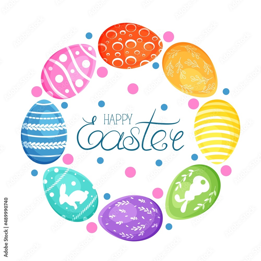 Happy Easter greeting banner with calligraphic typography and eggs. Happy Easter lettering card. Hand drew easter elements wreath eggs in the white background. Vector illustration.