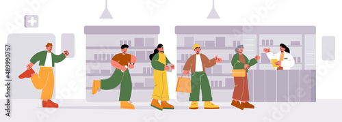 Group of people in queue in pharmacy. Customers waiting in long line to checkout counter in drugstore. Vector flat illustration of pharmacist service elderly woman, shoppers stand in queue, man hurry