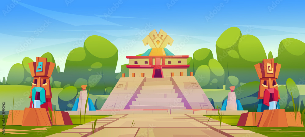 Ancient aztec pyramid, temple and statues, historical landmarks of ...