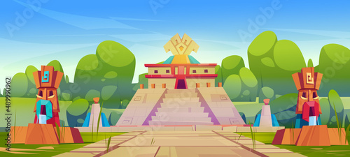 Ancient aztec pyramid, temple and statues, historical landmarks of mayan civilization. Vector cartoon illustration of summer landscape with tropical forest and mesoamerican village with ziggurat