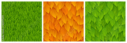 Textures of grass, green and orange tree leaves for game background. Vector cartoon seamless patterns of top view of lawn or meadow, summer and autumn foliage