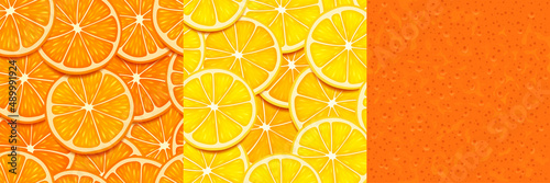 Textures of orange, lemon slices and peel. Seamless patterns with citrus fruit pieces and skin. Vector bright backgrounds of cut tropical fruit and orange rind for game design