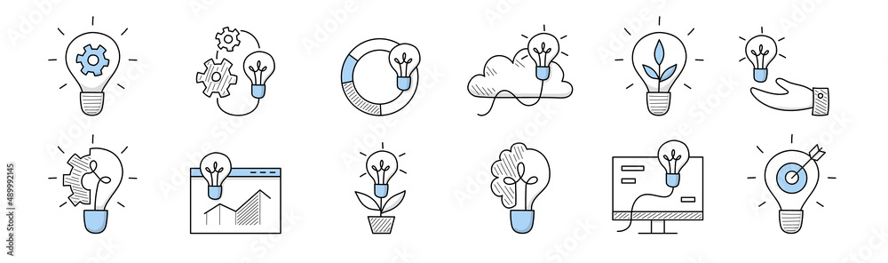 Idea icons, doodle business signs light bulbs with cogwheel, chart, sprout, lightbulb with brain, cloud, target with arrow, human hand holding glowing lamp. Power, task solution Line art vector set