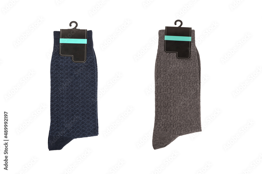 Blue and grey pair of socks isolated on white background. Blue and grey pair of socks isolated on white background.