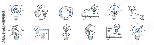 Idea icons, doodle business signs light bulbs with cogwheel, chart, sprout, lightbulb with brain, cloud, target with arrow, human hand holding glowing lamp. Power, task solution Line art vector set photo