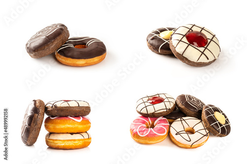 Set of white and dark chocolate donut isolated on white