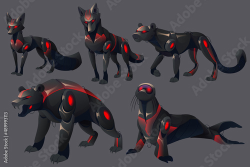 Cartoon evil robots animals robotics monsters. Cyborgs cheetah or puma, fox, wolf, roar bear and seal with red glow eyes and black mechanical body. artificial intelligence zoo machines, Vector set