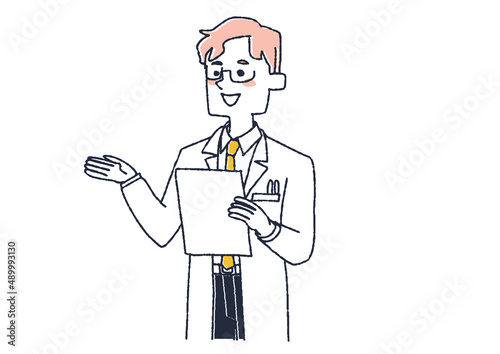 資料を見ながら説明する白衣の男性　コミカルな手書きの人物イラスト　ベクター線画にシンプルな色つけ　白