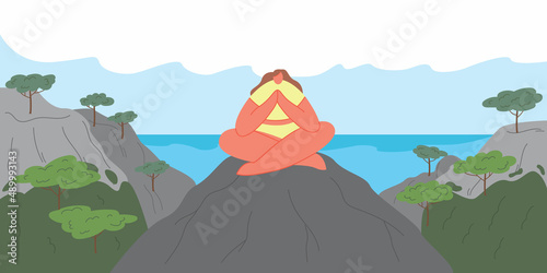 Woman meditates. Young girls do yoga in nature.  Wellness classes in the mountains. Sports tourism. Relaxing time at the top of the mountain. Cartoon vector flat illustration.