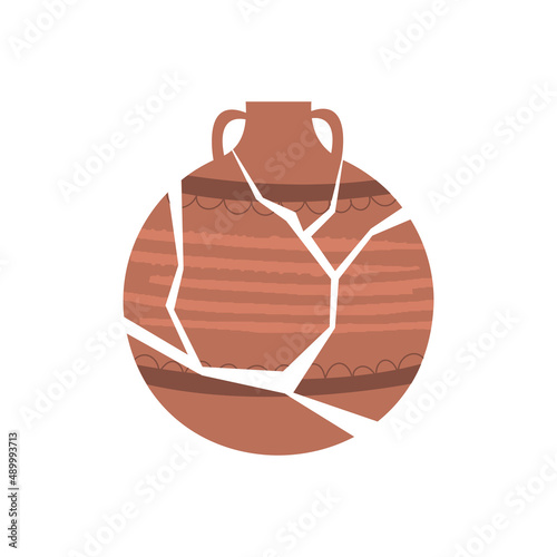 A broken ancient Greek vase. An old Roman vase with two handles. An archaeological artifact. Ceramic tableware. Hand-drawn illustration on a white isolated background.