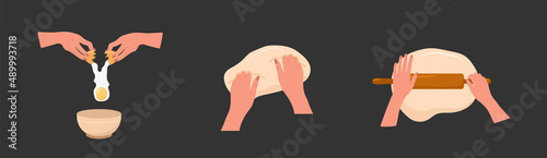 Kneading dough hands. Woman mixing ingredients in bowl and rolls homemade dough with rolling pin. Top view. Stay home and cook healthy food by recipe. Vector illustration in flat cartoon style.