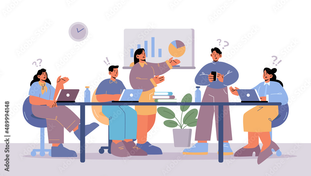 Business meeting, team conference, office employees discussion or consulting. Company leader or coach pointing on charts explaining strategy and financial indicators, Line art vector illustration