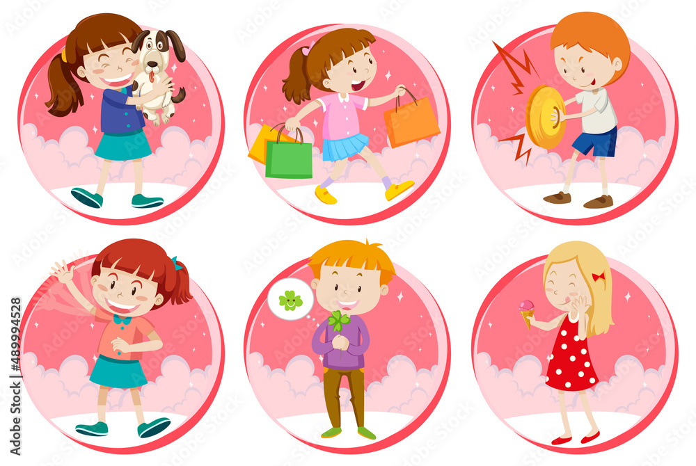 Set of Little boy and girl do activities on white background Set of Little boy and girl do activities on white background