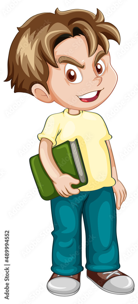 A boy standing on the floor and hold book cartoon character on white background
