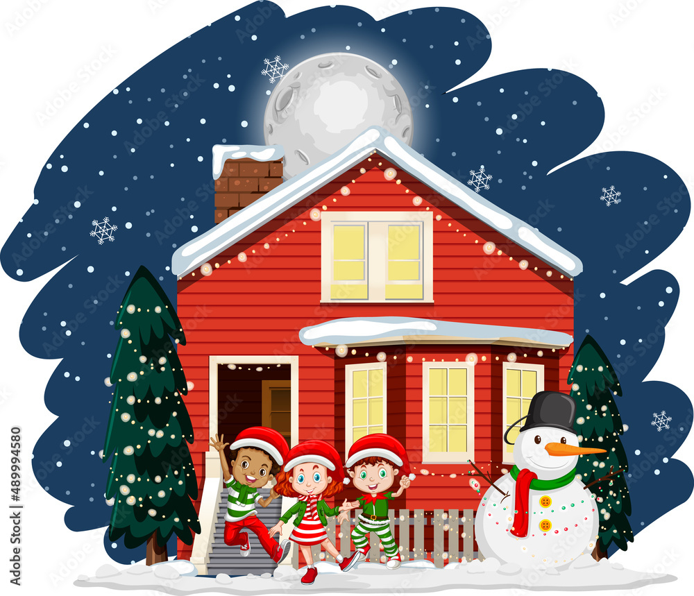 Children celebrating Christmas in front of a house at night scene