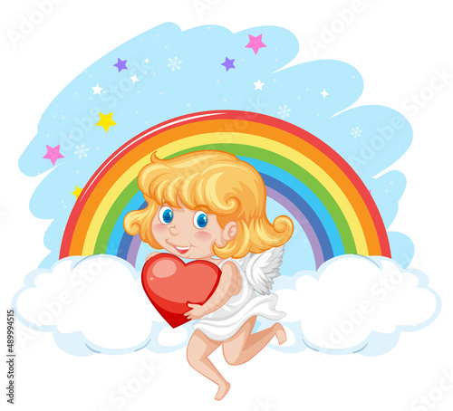 Angel girl holding red heart on rainbow background © blueringmedia