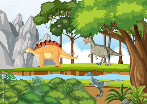 Dinosaurs gathering by the river