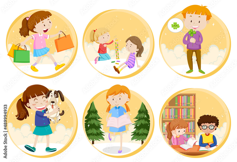 Set of Little boy and girl reading a book on white background Set of Little boy and girl reading a book on white background