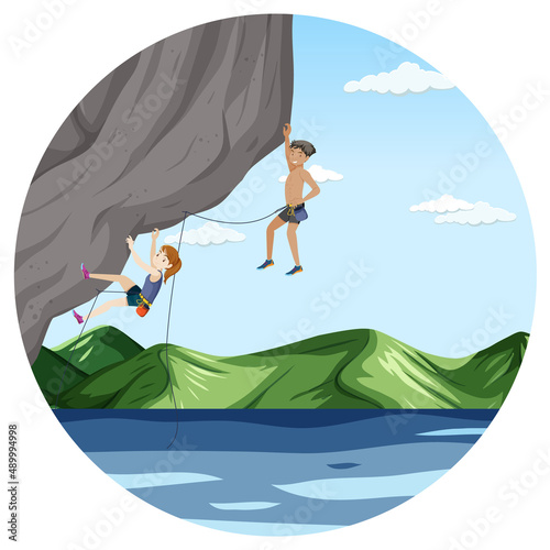 Scene with people climbing rocky moutain on circle artboard