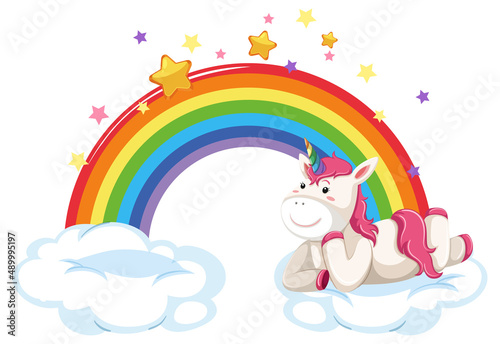 Cute unicorns lying on a cloud with rainbow