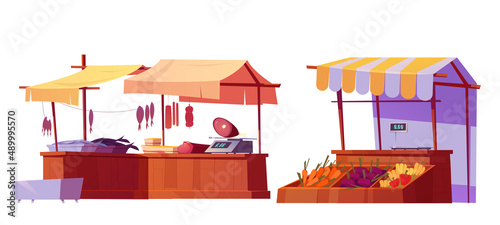 Outdoor farm market stalls, wooden fair booths or kiosks with awning and farmer food, fish, meat butcher or fishery products and vegetables. Isolated wood vendor counters, Cartoon vector illustration