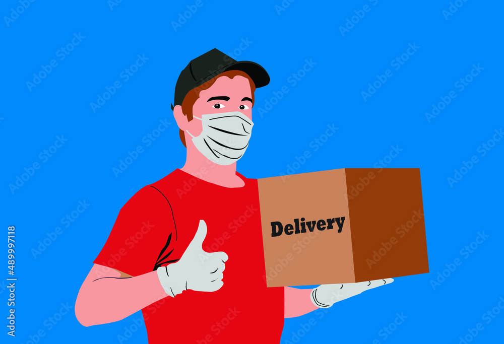 A man with face mask holding delivery order