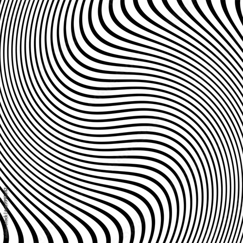 Vector seamless pattern. Abstract op art texture with bold monochrome wavy stripes. Creative background with distorted lines. Decorative black and white striped design with distortion effect.